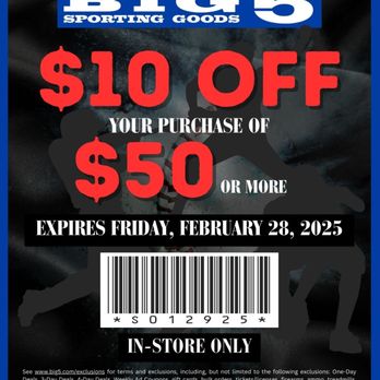 Big 5 Sporting Goods - In-Store Coupon Offer good through 2/28/2025 - Sporting Goods Near Me - Alameda, California Big 5 Sporting Goods - In-Store Coupon Offer good through 2/28/2025 - Sporting Goods Near Me - Alameda, California