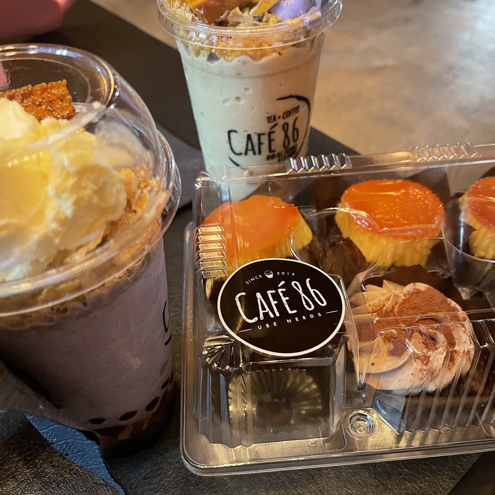 Cafe 86 - upside halo halo (purple) and halo halo (uses brown sugar) plus ube flan cupcake and milo cupcake - Cafes Near Me - Northridge, California Cafe 86 - upside halo halo (purple) and halo halo (uses brown sugar) plus ube flan cupcake and milo cupcake - Cafes Near Me - Northridge, California