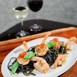 Shrimp Scampi -  Jumbo Gulf Shrimp, Squid Ink Pasta, Bottarga, White Wine, Garlic & Lemon Butter, Herbs, Pepperoncini