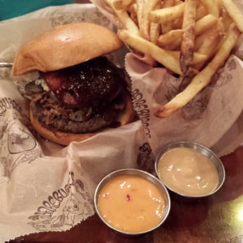 Bareburger - Bayside - Big Blue Bacon with an elk patty, "Wisconsin Amish" blue cheese, bacon marmalade, fries and house special mayo sauces. - Burgers Near Me - New York, New York