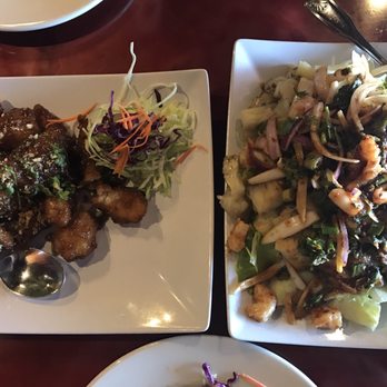 Royal Siam - Sweet garlic fish on left and eggplant salad on right - Thai Near Me - Stockton, California