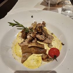 Volkshaus - Mushroom ravioli with veal and fried mushrooms.