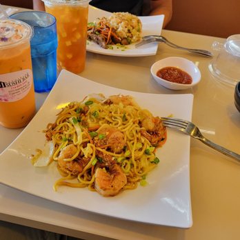 Fuji Revolving Sushi Bar - Yakisoba- Garlic noodles/Tiger shrimp & Thai Tea - Sushi Bars Near Me - Cypress, California Fuji Revolving Sushi Bar - Yakisoba- Garlic noodles/Tiger shrimp & Thai Tea - Sushi Bars Near Me - Cypress, California