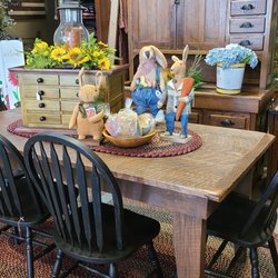 Over The Back Fence - Wonderful dining room table with black accent chairs. Check out this cute centerpiece for Easter.