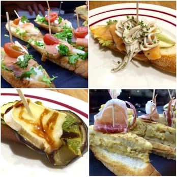 Lizarran - Planxos change every day. Pictured here: smoked salmon, eggplant and queso, Jamon Iberico and potato, and salmon with crab. - Tapas/Small Plates Near Me - Madrid, M Lizarran - Planxos change every day. Pictured here: smoked salmon, eggplant and queso, Jamon Iberico and potato, and salmon with crab. - Tapas/Small Plates Near Me - Madrid, M