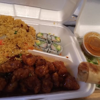 Red Bowl Asian Bistro - Takeout, Bento Box (Pork Fried Rice, General Tso's Chicken, 4-piece California Roll, an Eggroll, and a salad with Ginger dressing). - Chinese Near Me - Ormond Beach, Florida