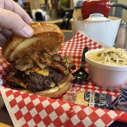 Cafe & Deli at Butte Produce - Smashburger cheese, ham, bacon, pulled pork and barbecue sauce.