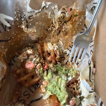 Mission - Dupont Circle - Forgive half eaten food, it was too good to leave behind. This is the leftovers if the Liaded Waffld Fries with chorizo - Mexican Near Me - Washington, DC, District of Columbia