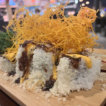Oishi Sushi & Ramen - Smoky Rocky Roll: smoked salmon, cream cheese, tempura shrimp, topped with white tuna and fun sweet potato shavings! - Sushi Bars Near Me - Indianapolis, Indiana