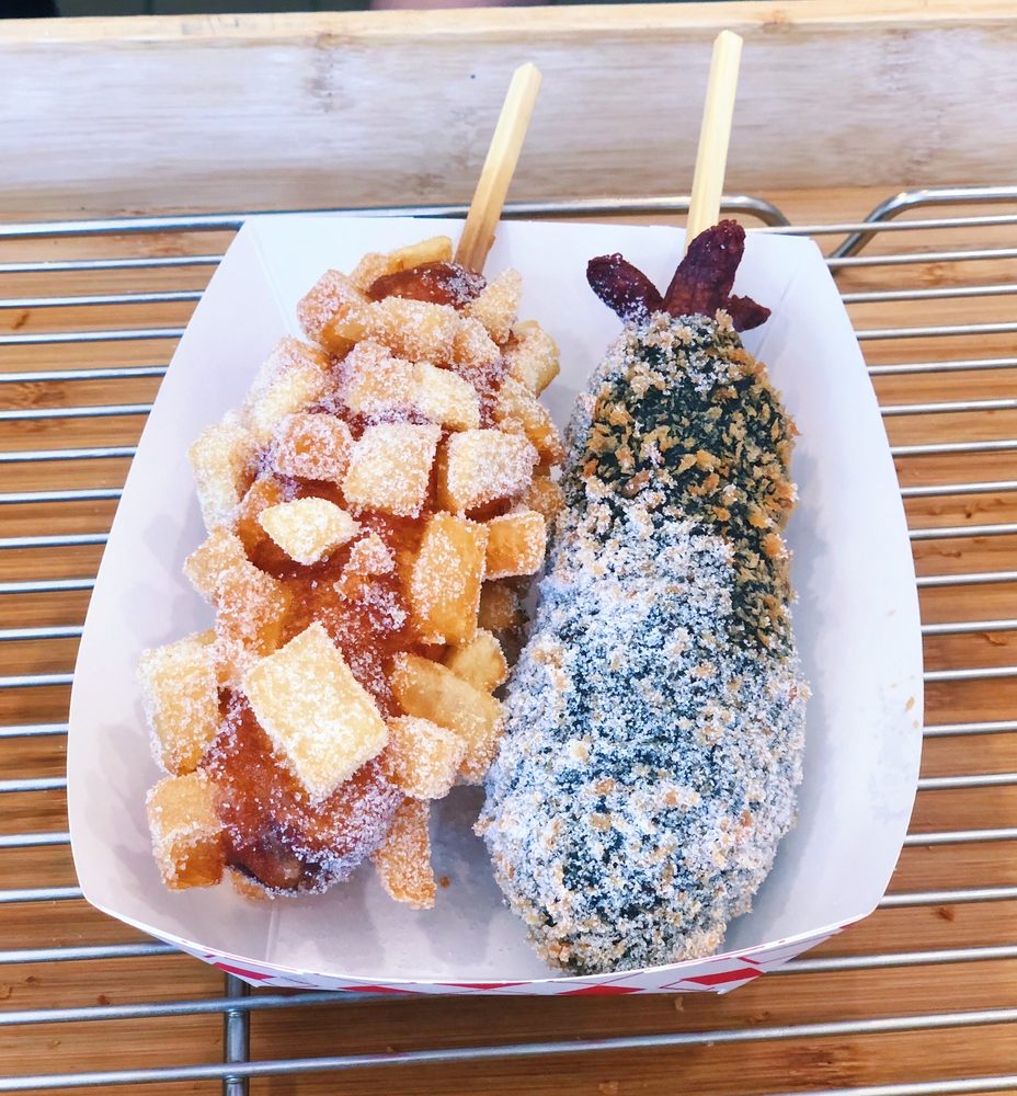 Photo of Myungrang Hot Dog - Cupertino, CA, United States. Potato hot dog and squid ink hot dog, delicious!