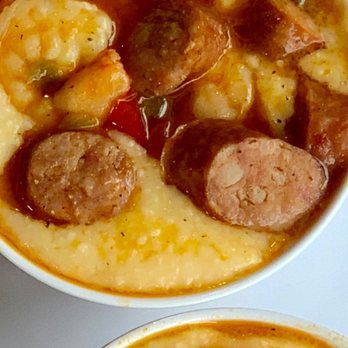 Yo' Mama's - Grits with shrimp and sausage - Gluten-Free Near Me - Birmingham, Alabama Yo' Mama's - Grits with shrimp and sausage - Gluten-Free Near Me - Birmingham, Alabama