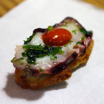 EAT - Special Event Featuring Spanish Wines paired with EAT's dishes:  Tako Crostini with Spanish Olives & Sweet Pepper Puree - Food Delivery Services Near Me