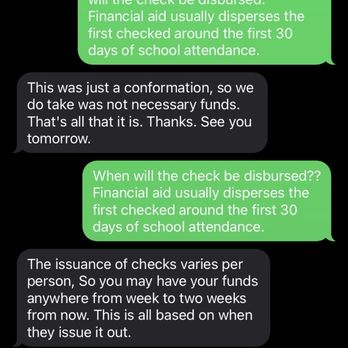 Salon Success Academy - I asked her multiple times for my financial aid check and this was her response and no update either - Cosmetology Schools Near Me - Fontana, California Salon Success Academy - I asked her multiple times for my financial aid check and this was her response and no update either - Cosmetology Schools Near Me - Fontana, California