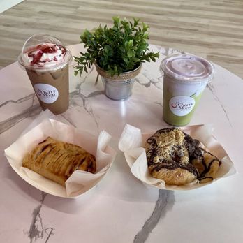 Cherry Moon Coffee & Bakery - lavender matcha, dubai chocolate croissant, strawberry cheesecake pastry, white chocolate cherry mocha latte - Bakeries Near Me - Webster, Texas