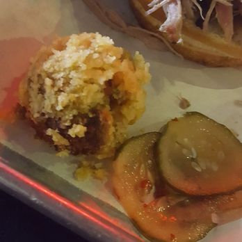 Saddleback BBQ - pickles and jalapeno corn cake - Barbeque Near Me - Lansing, Michigan Saddleback BBQ - pickles and jalapeno corn cake - Barbeque Near Me - Lansing, Michigan