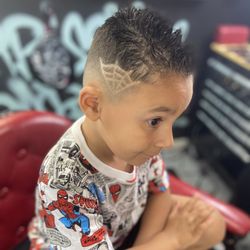 Cut It Off Barbershop - Most recent. Spider web and spiky hair . Able to still comb over like a gentleman's cut