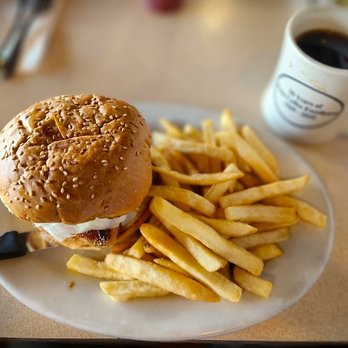 Kam Bowl - BBQ Chicken Sandwich with French Fries and a cup of coffee - Diners Near Me - Honolulu, Hawaii Kam Bowl - BBQ Chicken Sandwich with French Fries and a cup of coffee - Diners Near Me - Honolulu, Hawaii