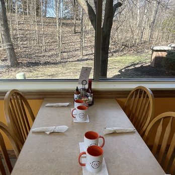 Uptown Cafe - Mugs and outdoor view - Breakfast & Brunch Near Me - Carmel, Indiana