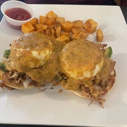 Chorizo eggs Benedict with potatoes