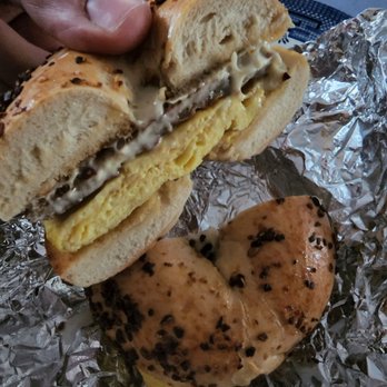 The Valley Bean - Sausage egg and cheese on a garlic bagel sadly garlic burned and it was bitter but edible - Breakfast & Brunch Near Me - Uxbridge, Massachusetts The Valley Bean - Sausage egg and cheese on a garlic bagel sadly garlic burned and it was bitter but edible - Breakfast & Brunch Near Me - Uxbridge, Massachusetts