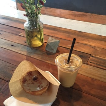 Devout Coffee - Bacon maple donut with almond milk latte over ice. - Coffee Roasteries Near Me - Fremont, California