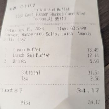 Lin's Grand Buffet - Just $13.49 before 4PM. 10% off Srs- 61 yrs+   $2.99 waiter refills + Diet Coke tastes great not watery! 11-2024 - Buffets Near Me - Tucson, Arizona