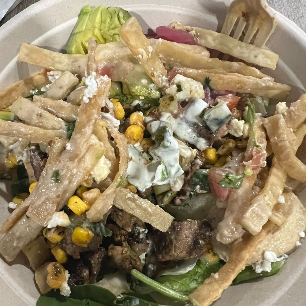 My favorite combo! Harissa chicken. & steak, tatziki, hummus, feta, pita strips, onions, corn, avocado My favorite combo! Harissa chicken. & steak, tatziki, hummus, feta, pita strips, onions, corn, avocado