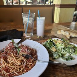Spaghetti, side Chopped Caesar Salad, Italian cream soda, fresh bread. Spaghetti, side Chopped Caesar Salad, Italian cream soda, fresh bread.