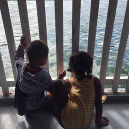 Kids feeding the fish after lunch. The fish apparently love leftover grilled cheese and fries. Kids feeding the fish after lunch. The fish apparently love leftover grilled cheese and fries.
