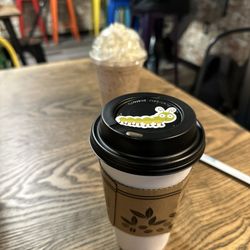 Whole and Grounded Cafe - Chai latte with caramel drizzle -- one iced, one hot