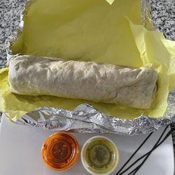 San Diego Tacos Shop - steak breakfast burrito. comes with green and red salsa