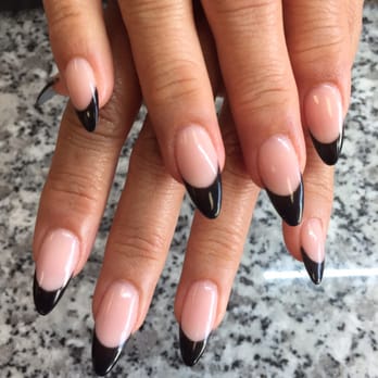 Gradient Nail - Almond shape with pink powder and gel French in black - Nail Salons Near Me - Honolulu, Hawaii