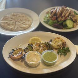 Kabob House - Shrimp Kabob with Garlic Mayonnaise and Feta Churri sauce and Garlic chicken Salad