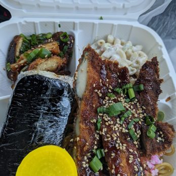 Ai Pono Cafe - Bento box B - spam, chicken katsu and teriyaki chicken with rice, mac salad and noodles - Asian Fusion Near Me - Costa Mesa, California Ai Pono Cafe - Bento box B - spam, chicken katsu and teriyaki chicken with rice, mac salad and noodles - Asian Fusion Near Me - Costa Mesa, California