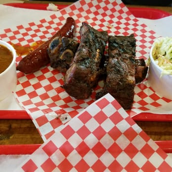Big B's Texas BBQ - 2 meat combo with beef ribs, hot link, slaw, and beans - Barbeque Near Me - Henderson, Nevada