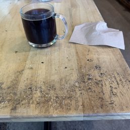 Filthy table and napkin to hold the sticky mug handle Filthy table and napkin to hold the sticky mug handle