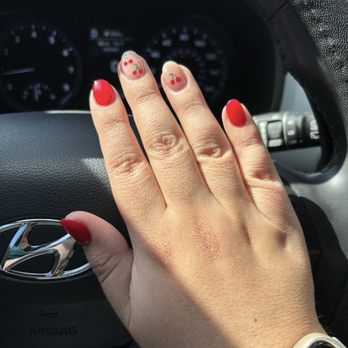 Unik Nail Spa - Red short acrylic nails with cherry designs. Super cute! - Nail Salons Near Me - Riverside, California