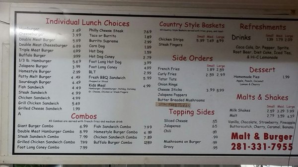 Menu photo 2 Malt N Burger Alvin, TX