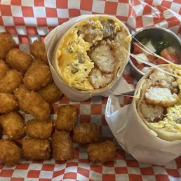 Breakfast Burrito with a side of tater tots Breakfast Burrito with a side of tater tots