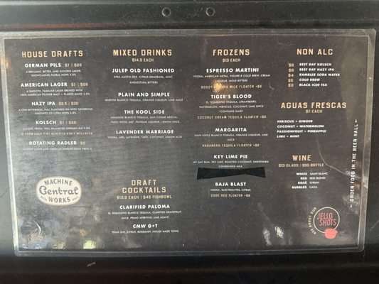 Menu photo 1 Central Machine Works Brewery and Beer Hall Austin, TX