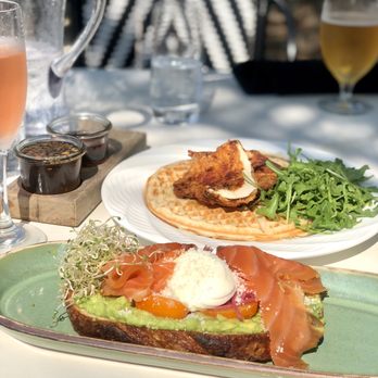 Goat Tree - Avocado Toast with added smoked salmon and sprouts + Chicken & Waffles - yum! - Cafes Near Me - Santa Barbara, California