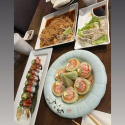 Fancy Q Sushi and Thai - Naruto maki, Oceanside, chicken pot, Thai extra sauce, and steamed dumplings