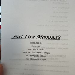 Just Like Momma's - Front of menu
