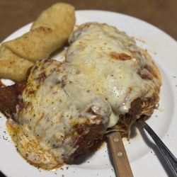 Danny Boys Italian Eatery - Canton - CHICKEN PARMESAN Two breaded chicken breasts baked with mannara and five-cheese blend over angel hair marinara. $18.99
