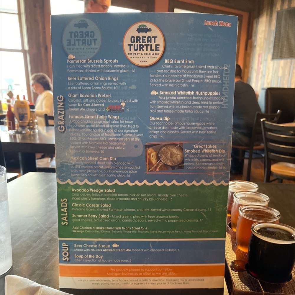 Great Turtle Brewery and Distillery - Food menu, Sept 2022 - Distilleries Near Me - Mackinac Island, Michigan Great Turtle Brewery and Distillery - Food menu, Sept 2022 - Distilleries Near Me - Mackinac Island, Michigan