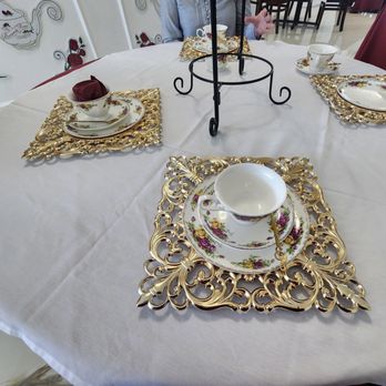 The Burgundy Rose Tearoom - Plastic gold charger.  Gold treble clef spoons. - Party & Event Planning Near Me - Livermore, California
