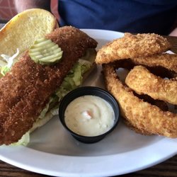 Crispy fish filets and onion rings