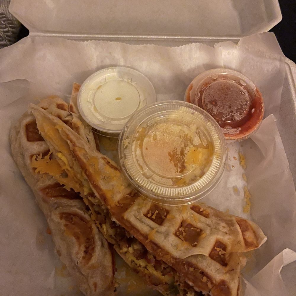 Breakfast burrito with a side of cheese grits (subbed bacon for sausage & added jalapeños) YUMMY!!! Breakfast burrito with a side of cheese grits (subbed bacon for sausage & added jalapeños) YUMMY!!!