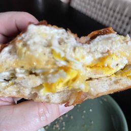 Homemade egg sandwich on Cheddar Bagel