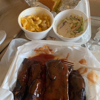 Halleluiah BBQ - Pork Rib Plate with Macaroni and Coleslaw, and of course cornbread. (I already ate 2 of the ribs) - Barbeque Near Me - Apple Valley, California Halleluiah BBQ - Pork Rib Plate with Macaroni and Coleslaw, and of course cornbread. (I already ate 2 of the ribs) - Barbeque Near Me - Apple Valley, California